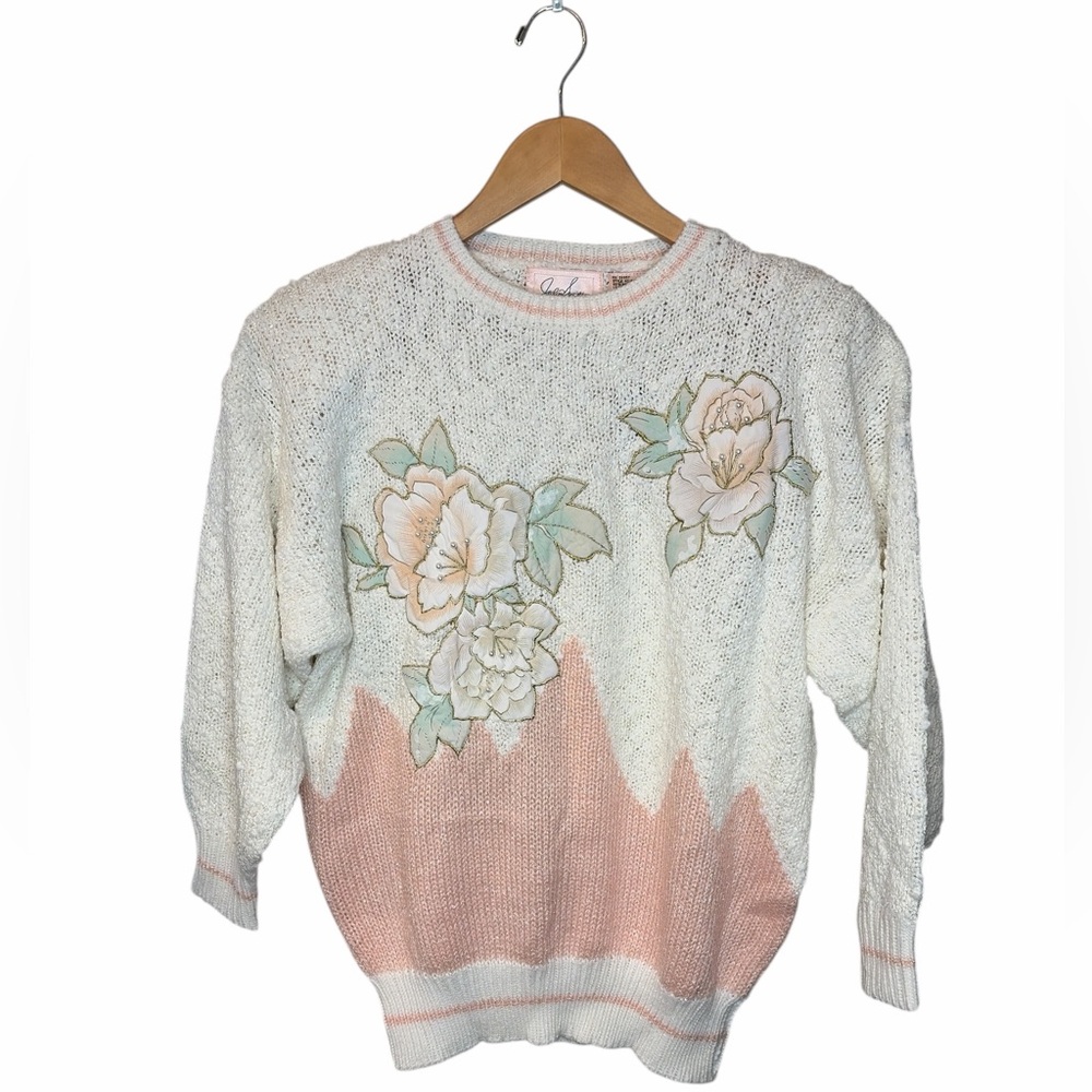 Jaclyn Smith Vintage Floral Sweater L Cottagecore 80s Pastel Pearl Granny NWT - Picture 2 of 8